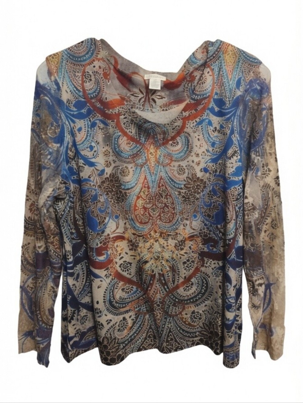 VTG Chico's Embellished Paisley Print Top Lace Sheer Sleeves Boho Artsy Gypsy